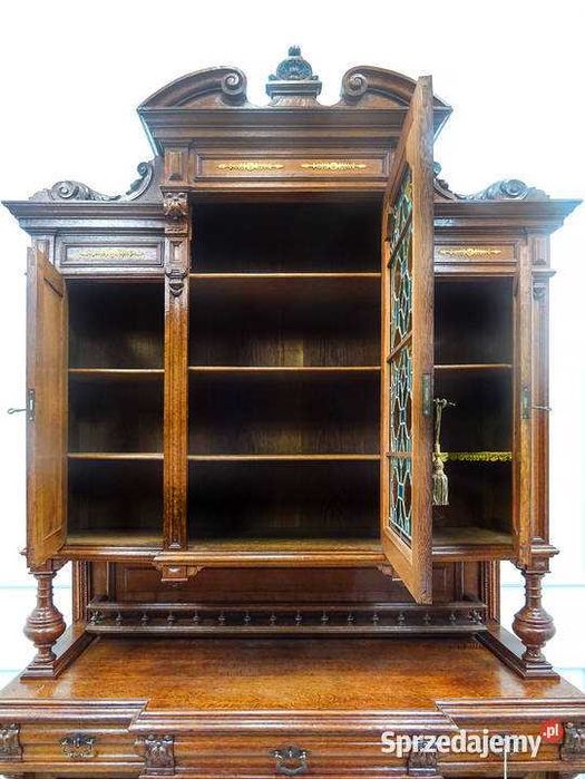 Antyk Wysoki KREDENS drewniany zdobiony KREDENS DĘBOWY Witraż lata 20.