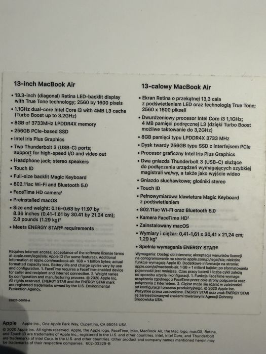 Sprzadam Macbook Air 2020, stan b dobry