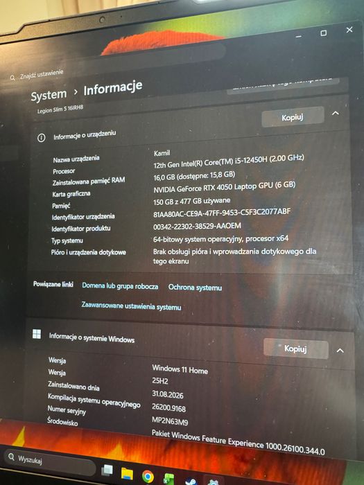 Lenovo Legion Slim 5 16 cali - RTX 4050/95% kondycji/i5 12450H
