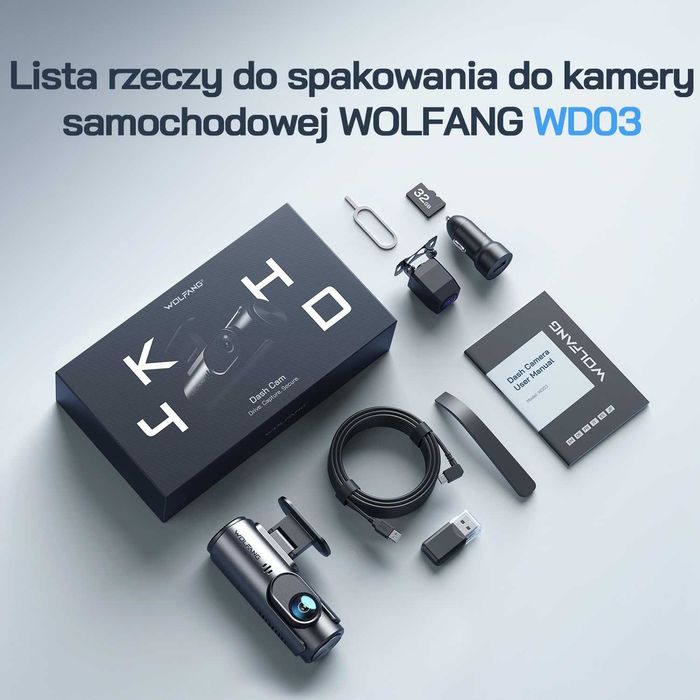 Kamera WOLFANG 4K do auta + karta 32GB, idealna na prezent