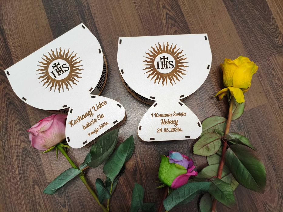 2szt Pamiątka 1 Komunii Świętej Kielich na słodycze pudełko na prezent