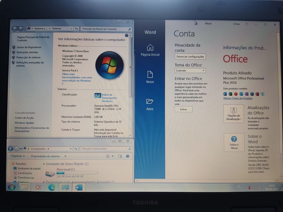 Portátil Toshiba L40-130 em bom estado, Win7, Office 2016 PRO