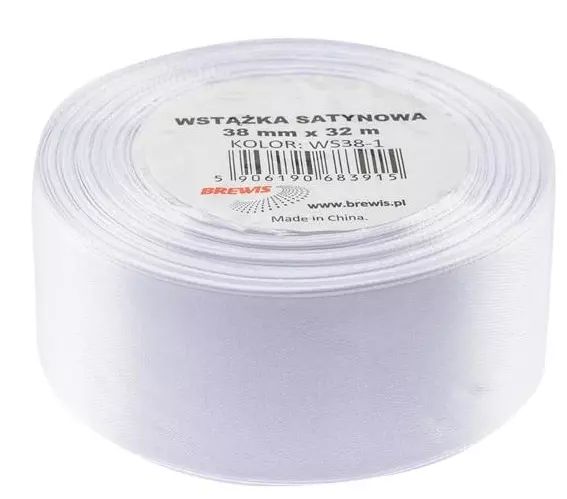 Wstążka satynowa biała, 38 mm x 32 m. Brewis. Nowy Produkt