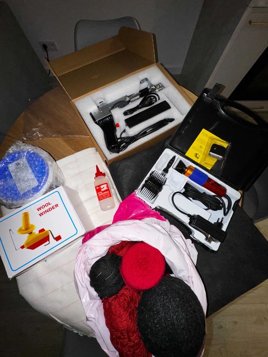 Zestaw Tufting Gun, trymer, nici, materiał, klej itp