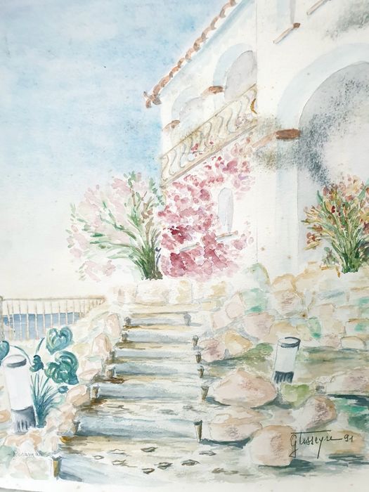 Linda aguarela de paisagem "Rosamar" assinada
