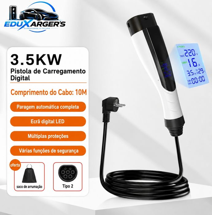 Carregador portátil ev de alta eficiência, 3,5kw, 16A, ip66, 10m