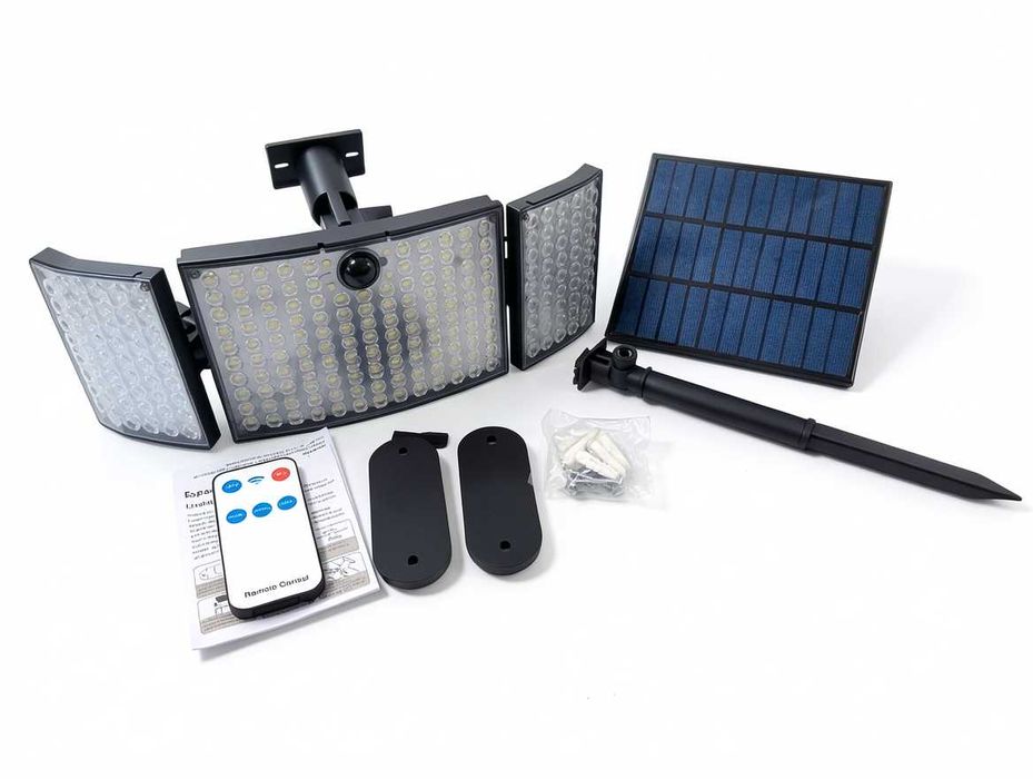 V066 Zewnętrzna Lampa Solarna LED Claoner Z Czujnikiem Ruchu I Pilotem Reflektor Ogrodowy Regulowany 3 Panele Świetlne Wodoszczelny IP65 Ekologiczny