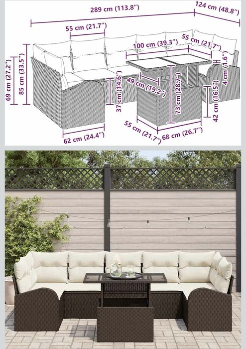 Ratanowa brązowa sofa ogrodowa zestaw z regulowanym stołem,nowe