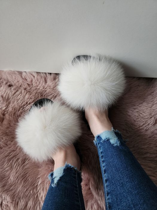 Nowe klapki z naturalnym futrem lisa r38 wkładka 24.5cm nowe puszyste