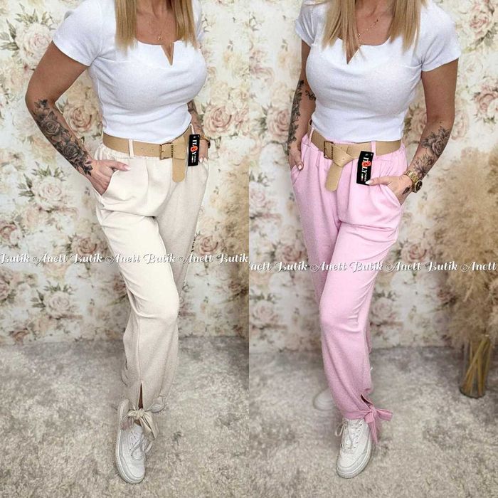 Spodnie Wiskoza z Wiązniem  Na Dole Żółte, Różowe, beżowe