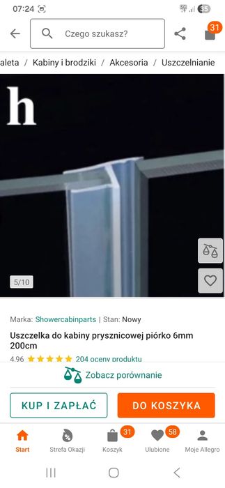Uszczelka do kabiny prysznicowej