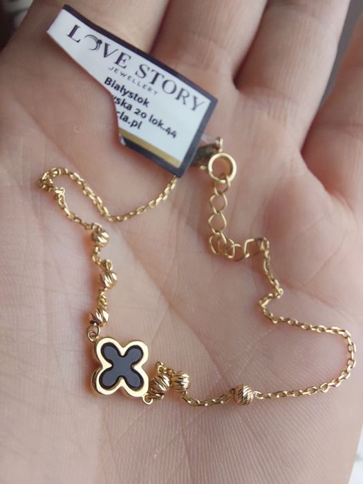 Złota bransoletka próba 375 9kt koniczynka kwiatek kulki metka 18,5cm