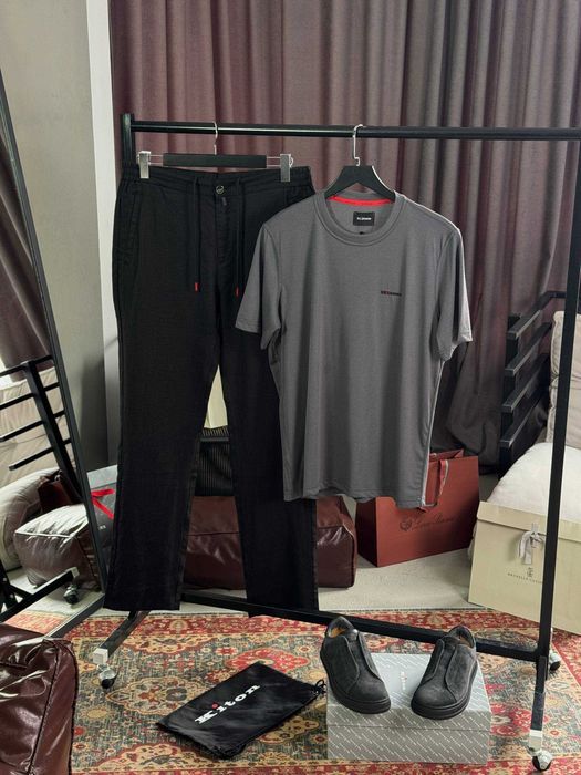 Мужские льняные брюки Kiton классические черные штаны Китон натуральный лен d094