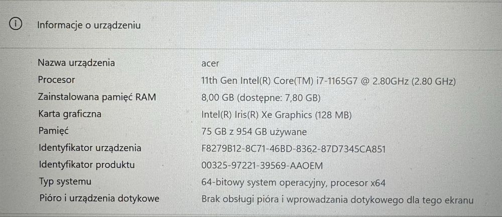 Acer Swift 3 | i7 11gen | 8GB RAM | 1TB SSD | Stan bardzo dobry