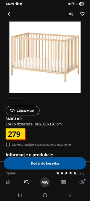 Łóżeczko Ikea 120x60 z materacem Dobranocka Hilding