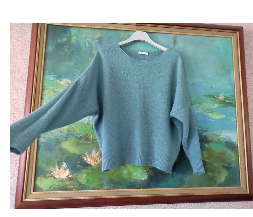 sweter Zara turkusowy morski zielony mięciutki puchaty kardigan