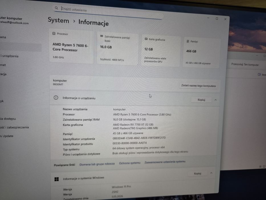 Komputer gamingowy Ryzen 5 7600 + RX 7700 XT / AM5 / DDR5 /