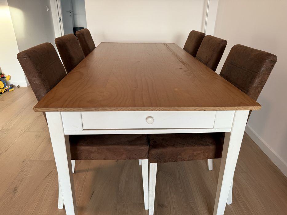 Conjunto Mesa de Jantar Madeira Maciça + 6 Cadeiras Estilo Industrial