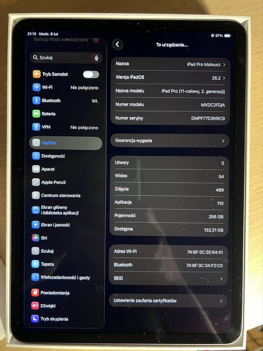 Apple ipad Pro 11 2 gen, 256 gb Doskonały stan!