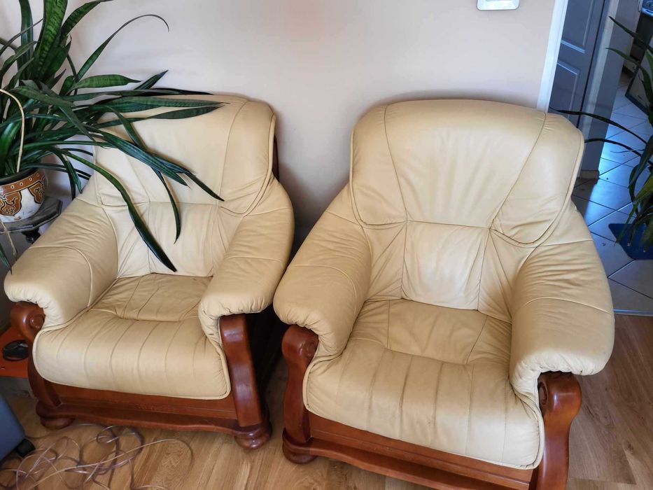 SWALEN Ekskluzywny duży komplet skórzany mebli z drewna