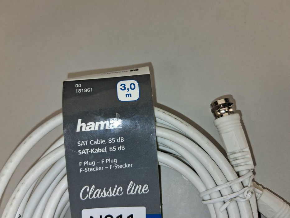 N211 Hama Kabel SAT Antenowy 3M Wtyk F 85 dB Biały Klasyczny