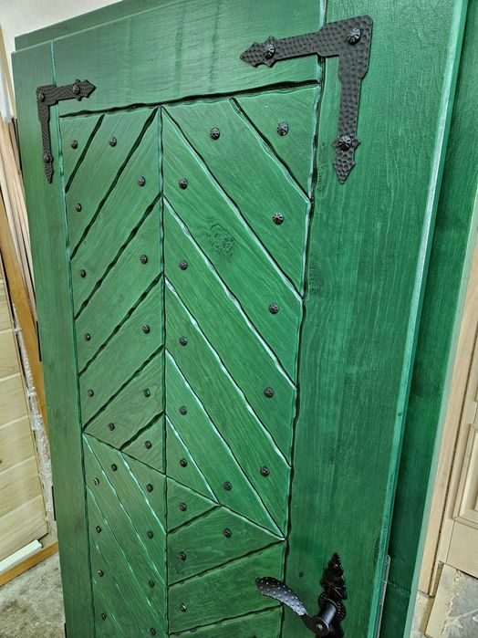 Drzwi DŁUGOSZ drewniane zewnętrzne góralskie jodełka zielone GOTOWE