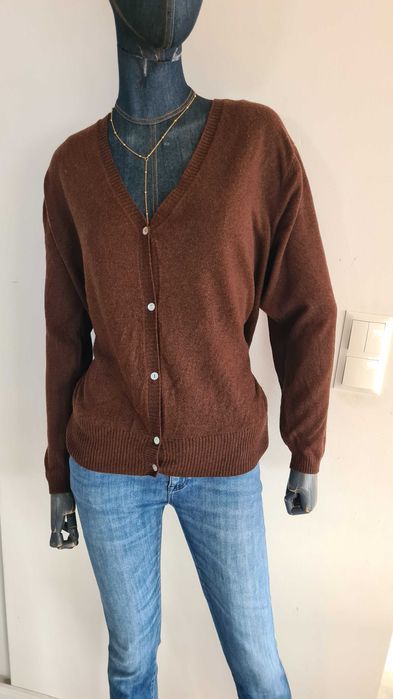 Kardigan sweter na guziki. Brązowy Czekoladowy. Kaszmir Wełna. L / XL