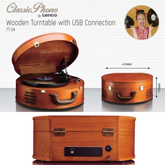 Gramofon Retro Drewniany – Lenco TT-34, Wbudowane Głośniki, Piękny Klasyczny Design