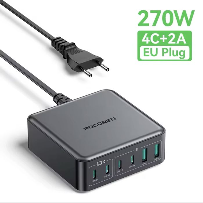 Zasilac GAN 270W | 4 szt USB C + 2 szt USB A - PD. (Nowe) HURTOWNIA.