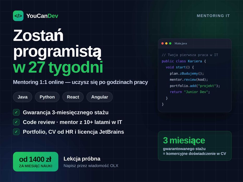 Nauka programowania 1:1 | Java Python Angular React | Mentoring i praca w IT