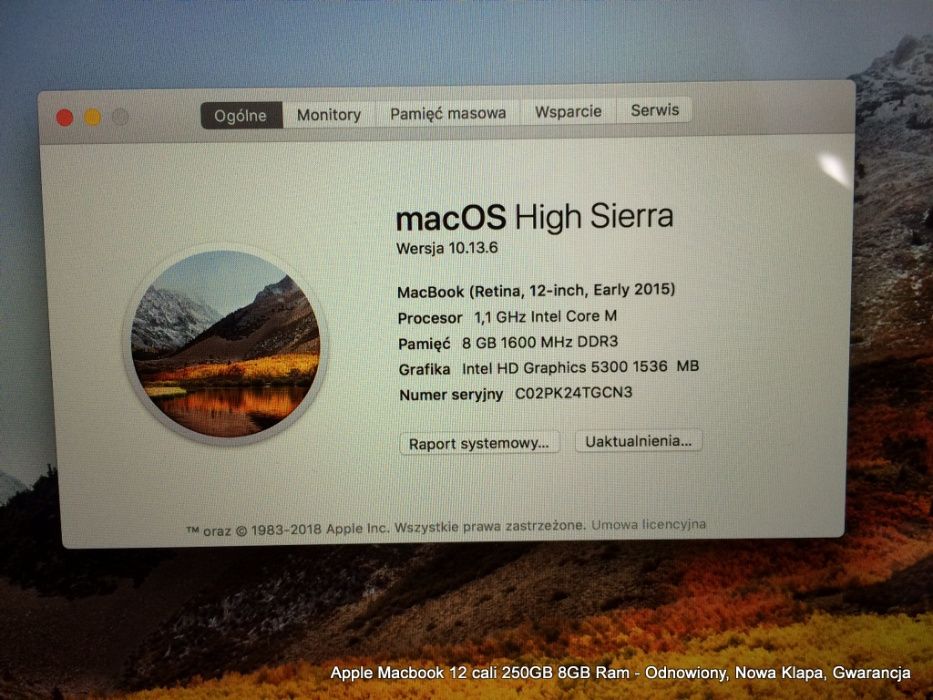 Apple Macbook 12 Cali Retina A1534 8GB SSD 250GB - Nowy LCD Okazja