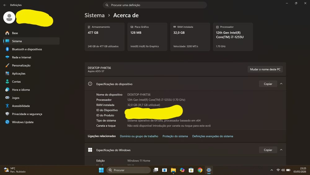 Acer i7 12ª Gen | 32GB RAM | SSD 512GB | Ideal Edição Vídeo / After Effects