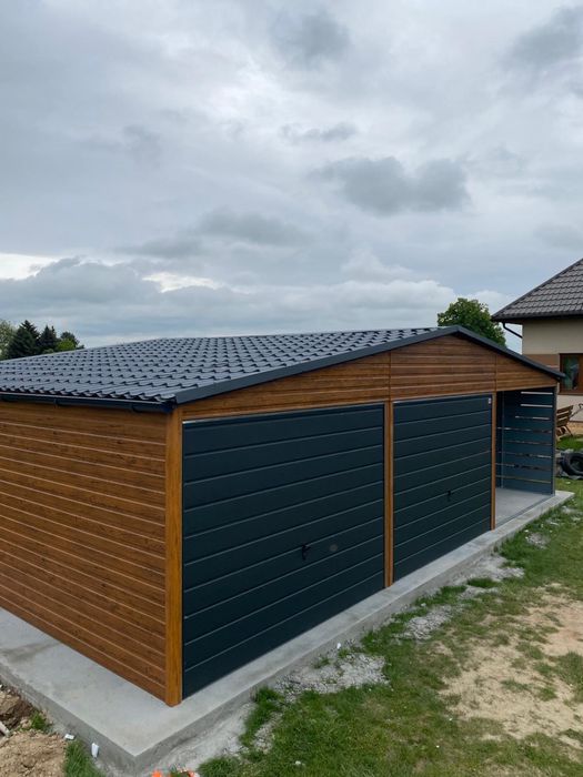 Garaż blaszany 6x5.8 plus wiata 3x5.8, profil zamknięty, drewnopodobny