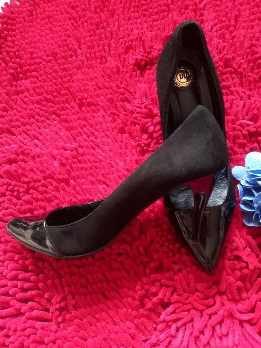 Buty szpilki czarne DL 40, 39 lakierki zamsz boho, must have
