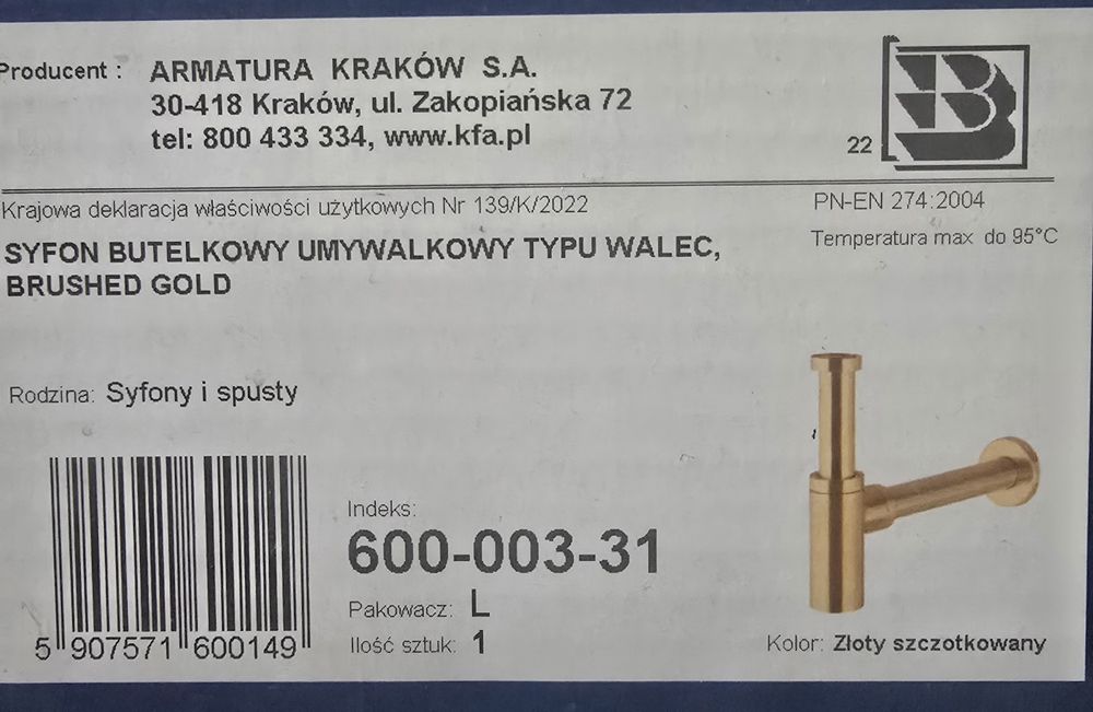 Syfon umywalkowy złoty kfa 600-003-31