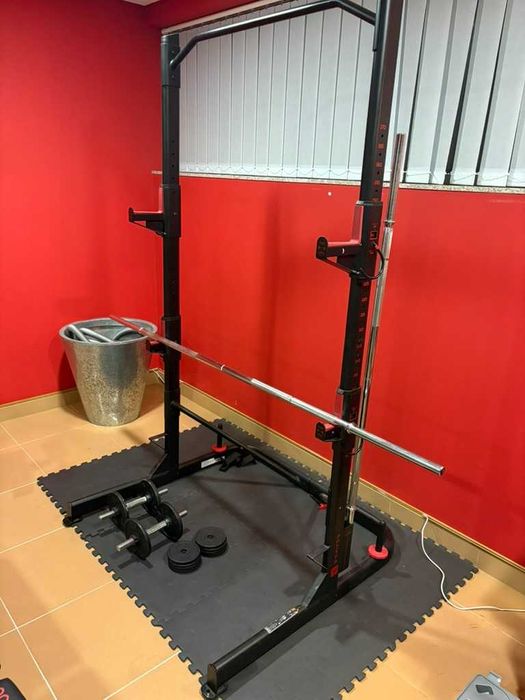 Conjunto de Ginásio Completo – Rack, Banco, Barras, Halteres e Pesos