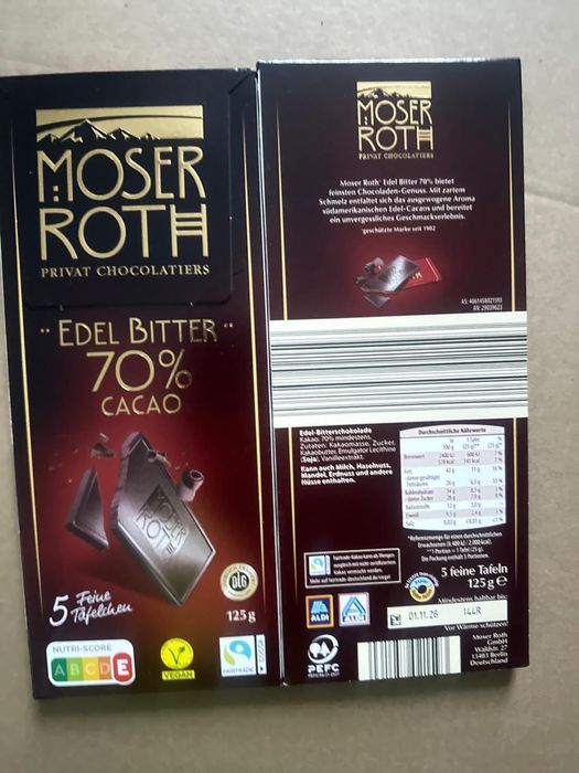 Екстра чорний шоколад з Німеччини Мозер Рот 125г(moser roth) 70% і 85%