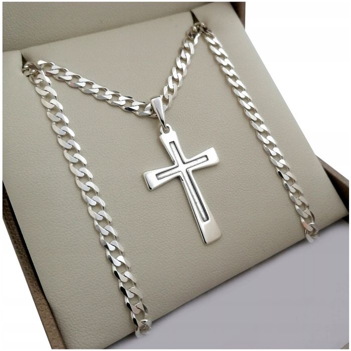 Eleganckie Srebrny Łańcuszek Pancerka+krzyż Grawer