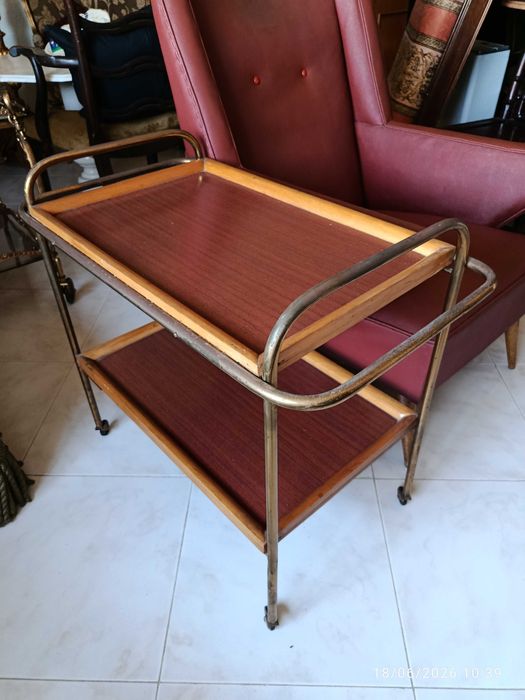 Carrinho de Chá Vintage Latão e Madeira 59 cm Anos 60