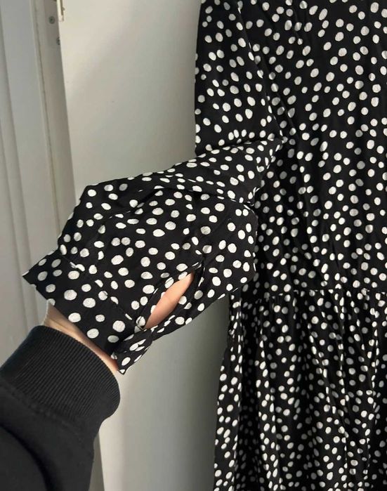 Zara czarna maxi MIDI sukienka w grochy kropki falbany wiskoza S