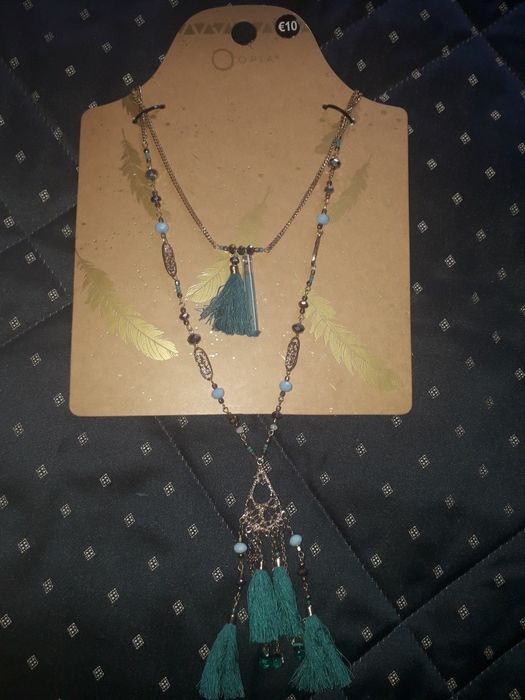 Colar duplo tons de azul, pulseira com ligação ao dedo e de criança