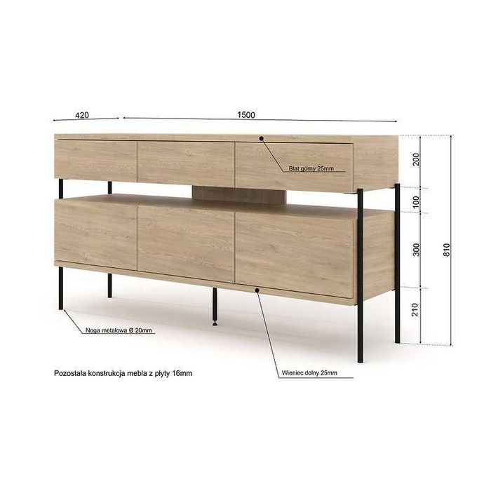 Komoda DRAGONFLY 150 cm 3D3S dąb cremona / nóżki czarne matalowe