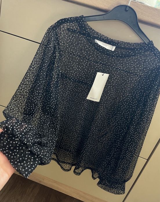 Mango NOWA koszula bufiasta mgiełka czarna kropki xs elegancka