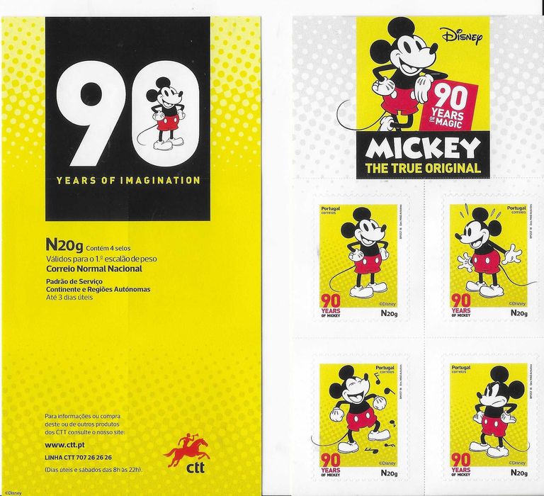 MICKEY 90 ANOS - Booklet CTT com 4 selos autoadesivos - 2018