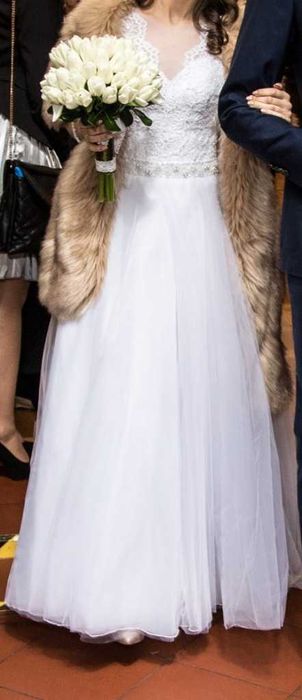 Suknia ślubna XS księżniczka biała koronka perły