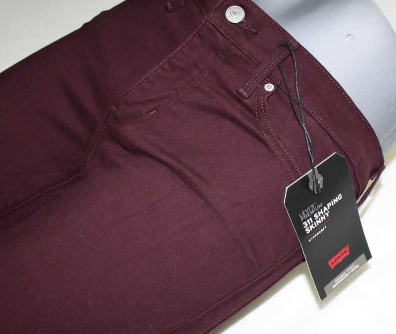 Damskie jeansy Levi's 311 - Skinny bordowe rurki Levis nowe - W27/L30