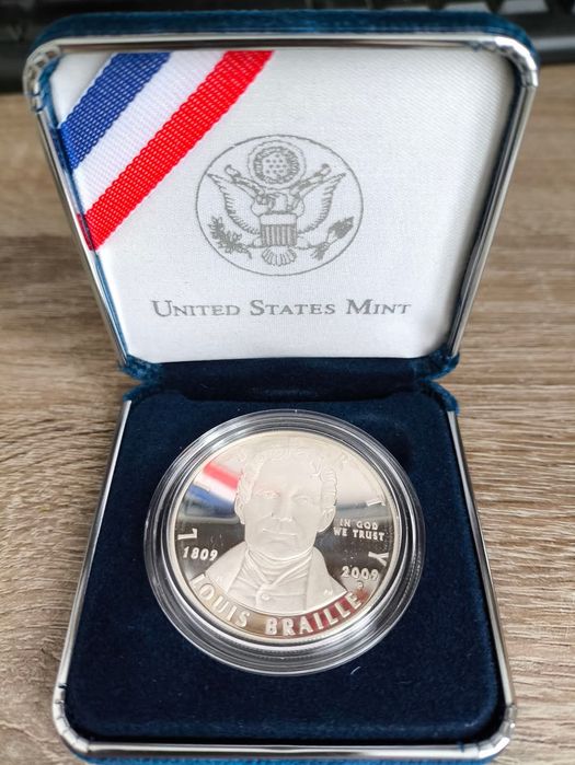 Срібний американський долар Луїс Брайль. СРІБЛО. Сертифікат!