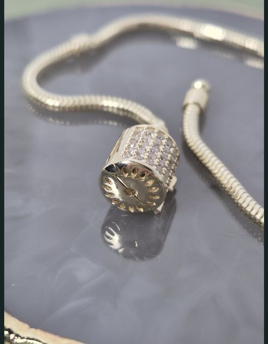 Złota bransoletka typu Pandora beczka 18,5 cm białe cyrkonie p. 585