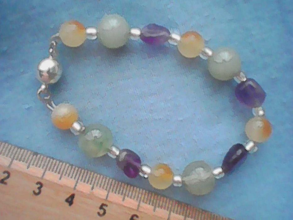 Bransoletka Agaty+Jadeity 16cm/Zielono-Żółto-Fioletowa/