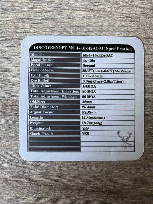 Прицел Discovery Optics MS 4-16x42 AOAC з підсвіткою прицільной сітки.